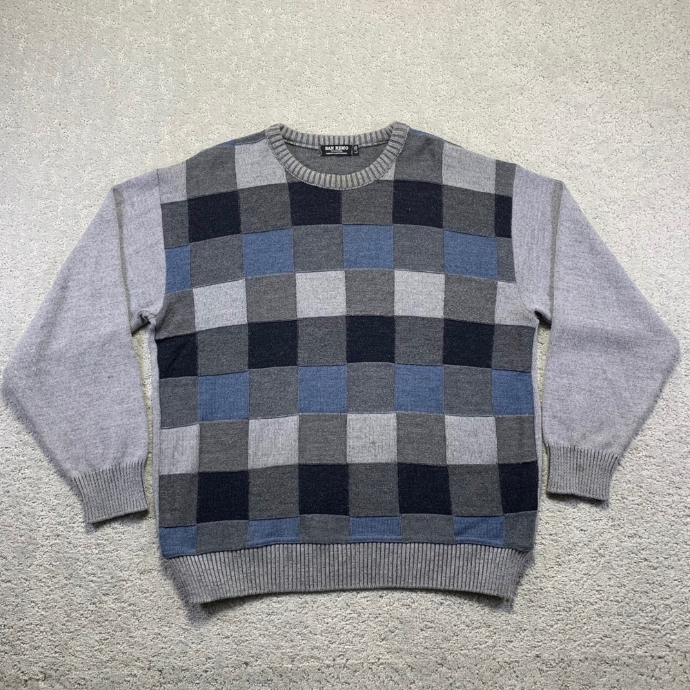 San Remo International Mens Sweater Size Large Checkered Wool Blend Grandpa